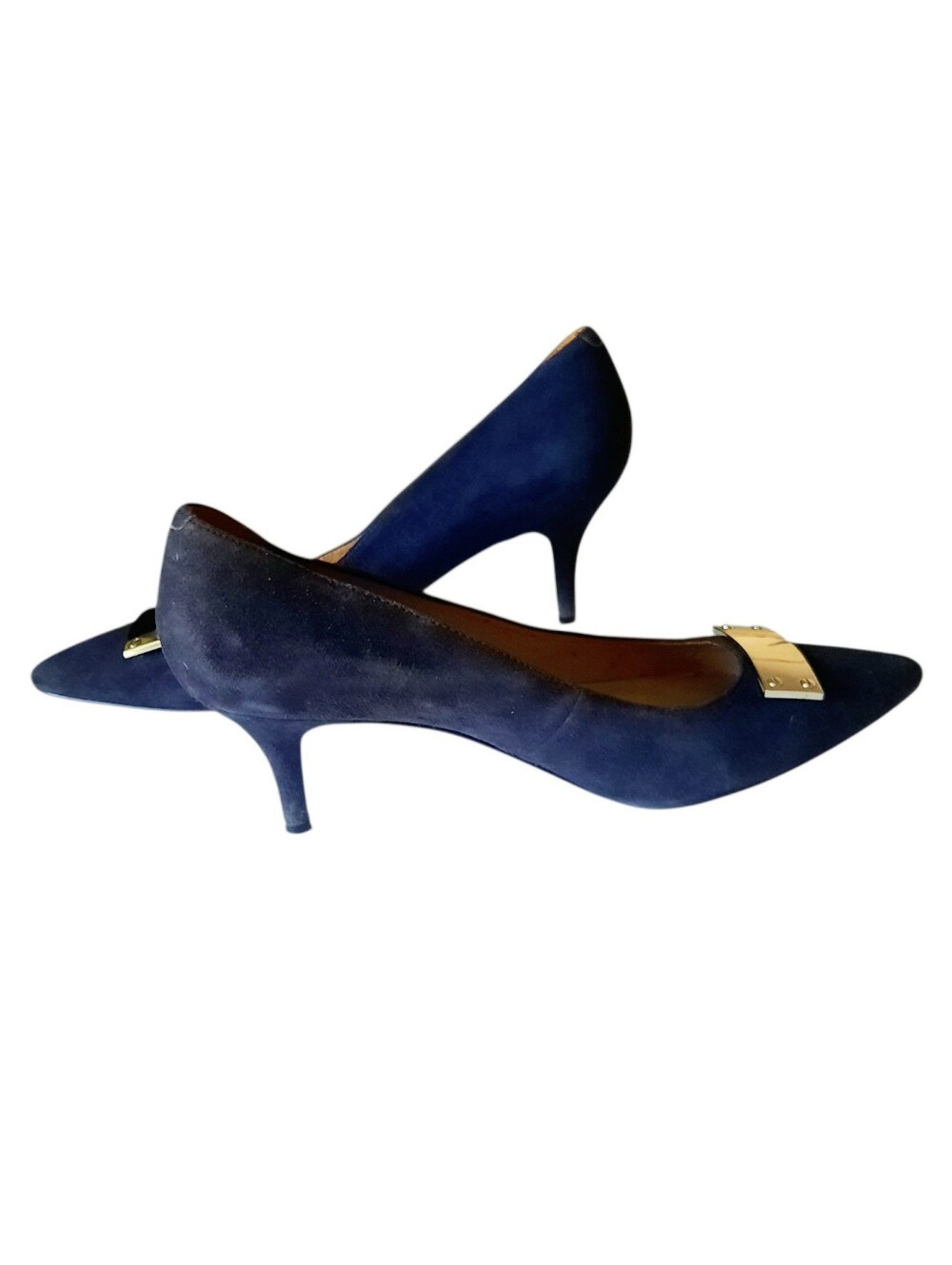 TALBOTS Meade Navy Suede Pointed-Toe Classic Pumps w/Silver Plaque Sz 8.5 N
